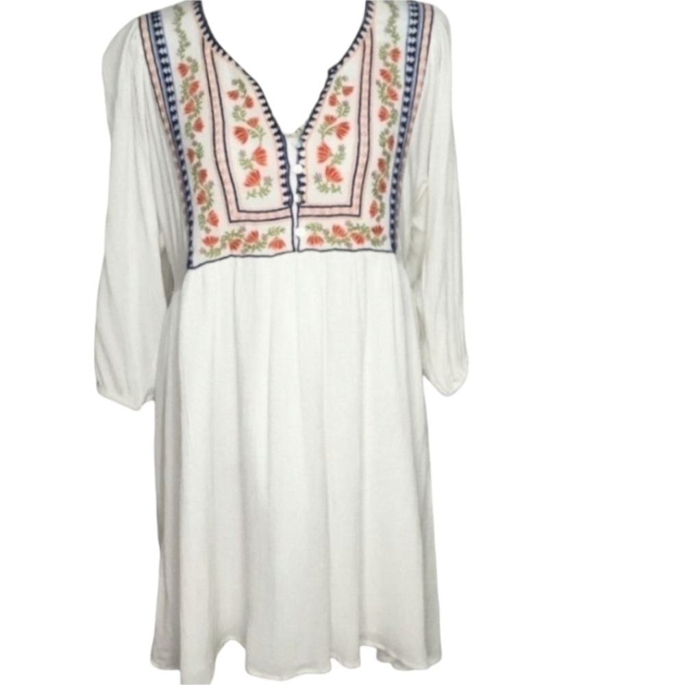 Forever 21 Gauzy Peasant Mini Dress White Embroidered Bodice 3/4 Sleeves NWT SM